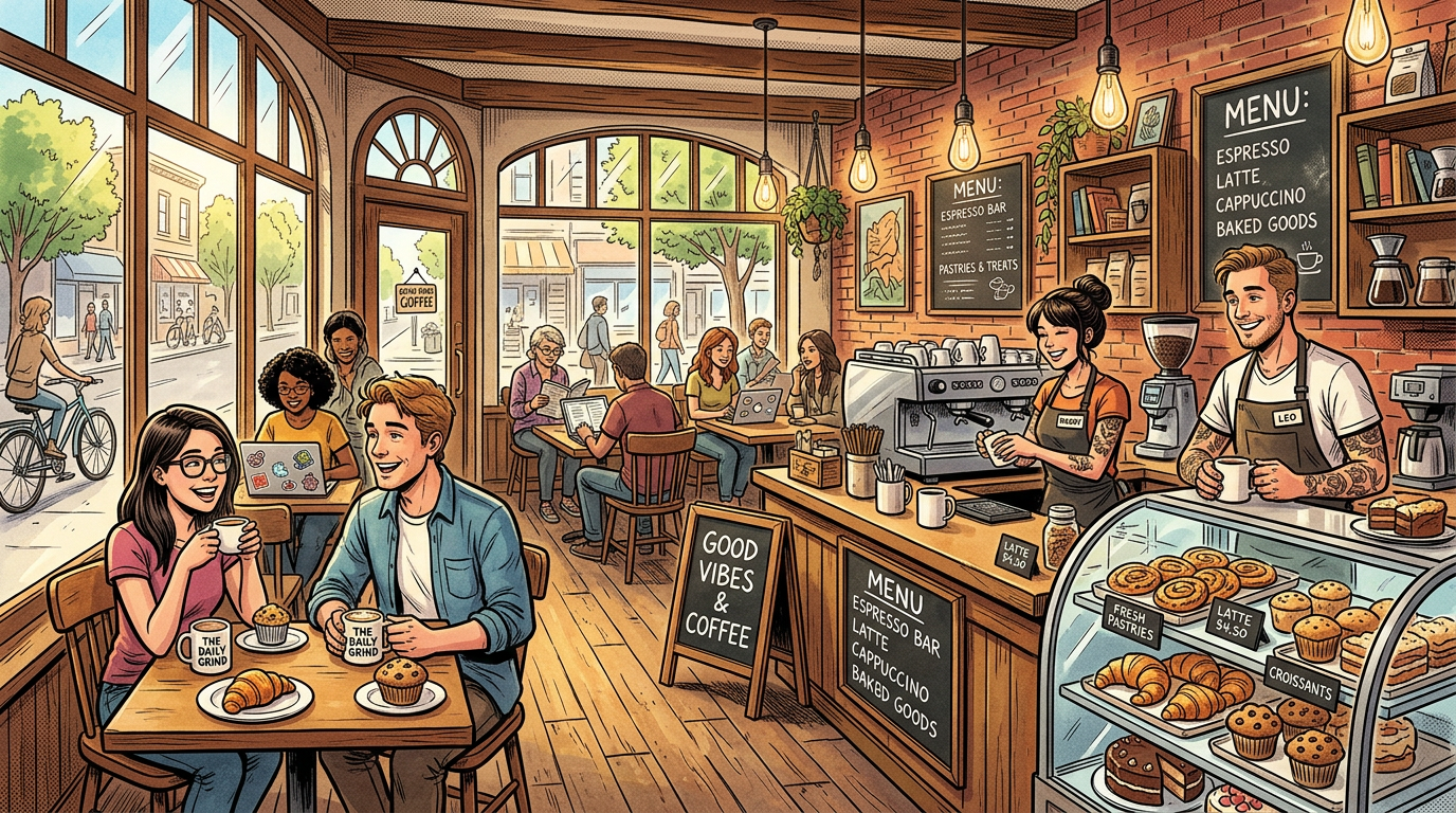 A busy coffee shop with smiling customers drinking coffee and baristas serving fresh pastries